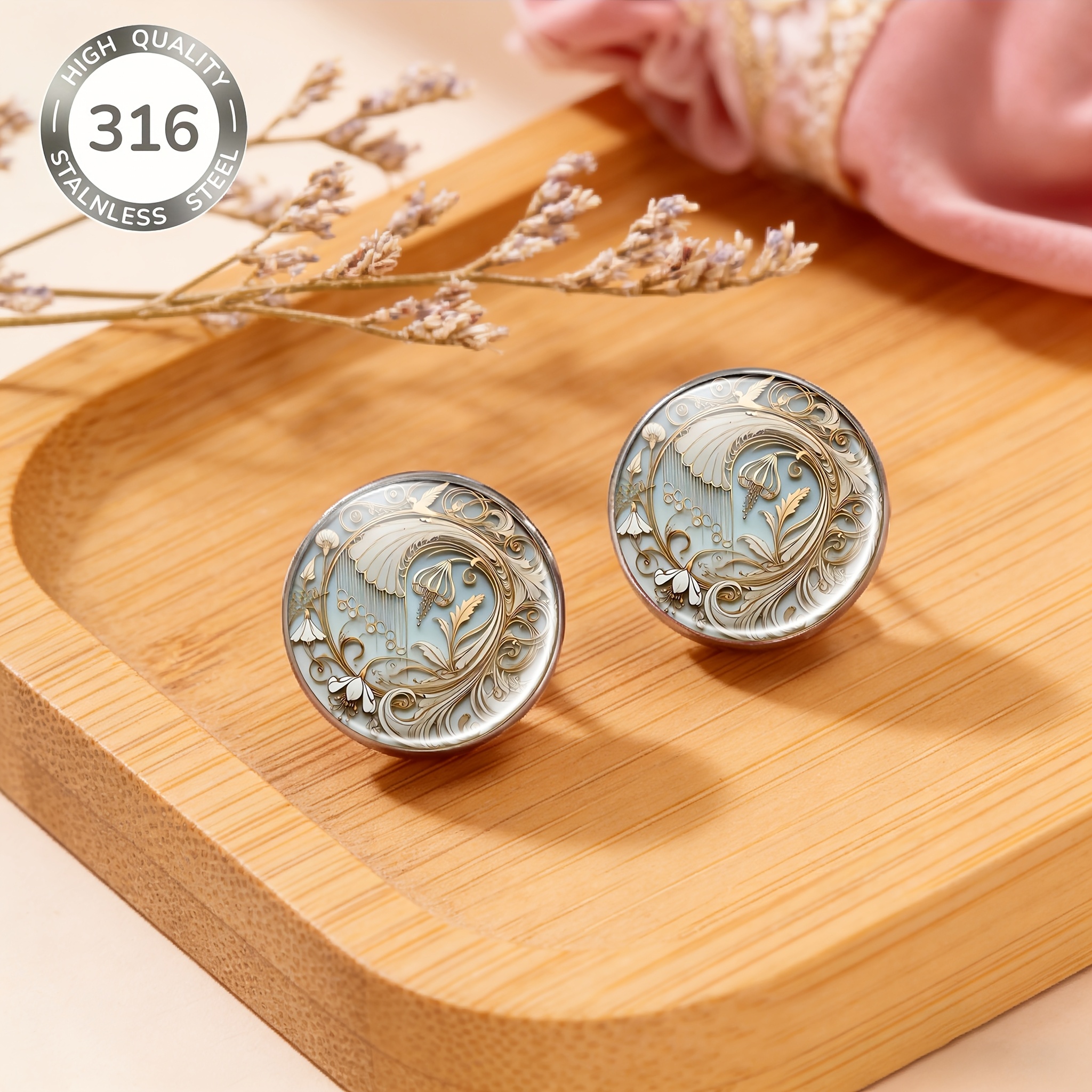 Round Decorative Tray Floral Pattern Stud Earrings, Set of 2